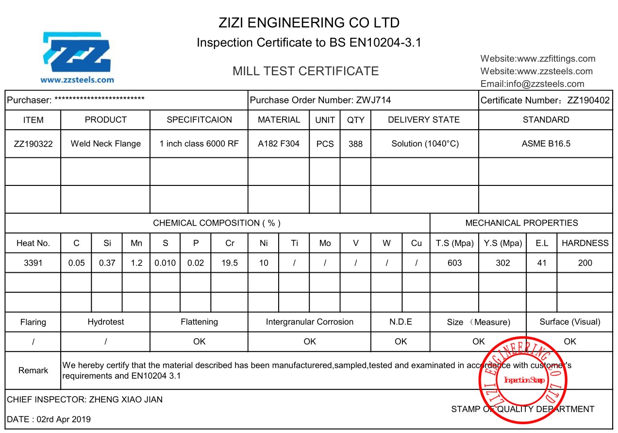 MTC for DN25 SS304 Weld Neck Flange